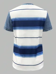 Back view of women's casual t-shirt with blue and white stripes and denim print sleeves.