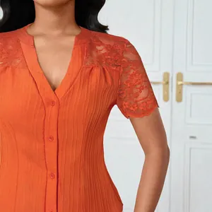 Elegant orange slim fit V-neck top with lace hollow sleeves and single-breasted buttons.