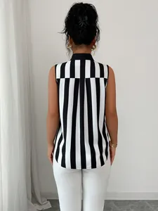 Detailed back view of a black and white vertical striped sleeveless blouse with lapel