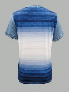 Back view of women's casual t-shirt featuring blue gradient stripes and denim print sleeves