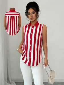 Detailed view of women's red and white vertical striped sleeveless lapel button-up shirt