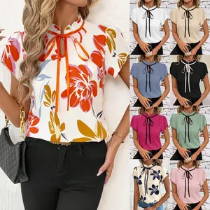 Women's Fashion Casual Floral Print T-Shirt Ruffled Round Neck Lace Up Short Sleeve Top Elegant Polyester Daily Basic Blouse