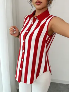 Detail shot of a sleeveless red and white striped button-up shirt with a lapel collar