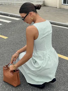 French style green and white striped sleeveless maxi dress with square neck design