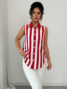 Detail of red and white vertical striped sleeveless blouse with button front and collar