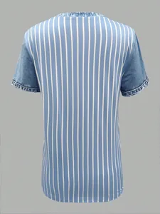 Detailed back view of a casual women's top with blue stripes and denim look sleeves