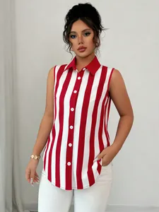 Sleeveless red and white vertical striped button-down shirt with a classic collar detail