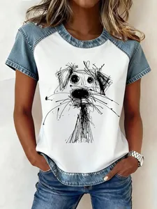 Women's color-block T-shirt with artistic dog sketch print and denim sleeves