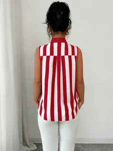 Back view of a chic red and white vertical striped sleeveless shirt with a lapel collar