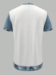 Back view of a casual women's loose white short-sleeve top with blue denim-style trim