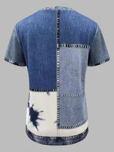 Detailed back view of women's patchwork denim print t-shirt with tie-dye pattern