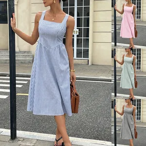 French Style Square Neck Sleeveless Striped Midi Dress Elegant Slim Waist Color Block A-Line Summer Vacation Long Sun Dress