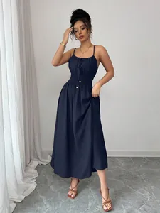 Elegant navy blue sleeveless midi dress with shirred waist and gathered neckline detail
