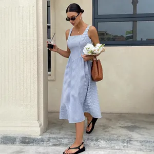 Elegant French style blue and white striped sleeveless midi dress with square neck