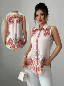 Front and back detail of a pink sleeveless button-down shirt with ethnic paisley print
