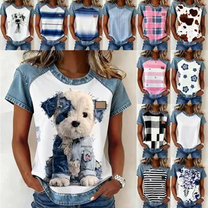 Women Fashion Casual Round Neck Color Block Printed T-Shirt Loose Short Sleeve Top With Denim Splicing Effect Soft Polyester