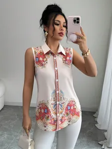 Stylish sleeveless boho print button-down shirt with vibrant paisley patterns and collar