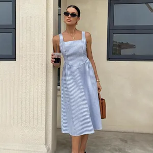 French style striped square neck sleeveless midi dress with waist-cinching design