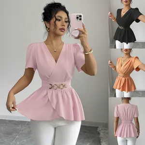 Elegante Top a Portafoglio da Donna con Scollo a V Manica Corta Maglietta a Vita Peplum con Cintura a Catena in Metallo Tinta Unita Camicetta Estiva