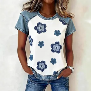 Women's casual round neck short sleeve top with denim patchwork and floral print