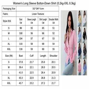 Detailed size chart for women's striped V-neck long sleeve slim fit button-down shirt