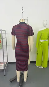 Back view of a red and black striped POLO collar bodycon midi dress on a mannequin