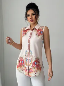 Detailed view of women's sleeveless lapel shirt featuring vibrant paisley print patterns
