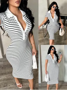 Close-up detail of a striped slim-fit bodycon dress with a polo collar and buttons.