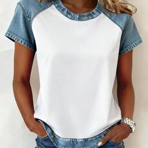 Stylish women's casual round neck top featuring denim patchwork short sleeves and a loose fit