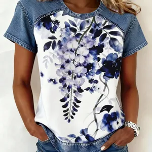 Casual women's round neck top with floral print and denim-style patchwork