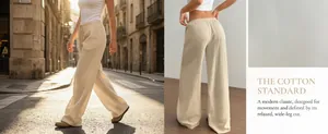 Detailed close-up view of beige cotton waffle-knit wide-leg pants showing texture and fit