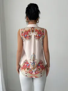 Back view of a sleeveless button-up blouse with ornate bohemian paisley floral print pattern