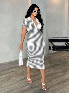 Close-up of a stylish striped bodycon midi dress with a white polo collar and V-neck.