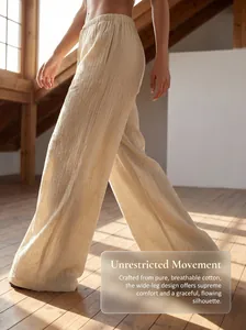 Detailed view of pure cotton wide-leg pants showing breathable fabric texture and flow.