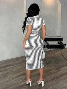 Back view of a slim fit striped polo bodycon midi dress showing the sleek design