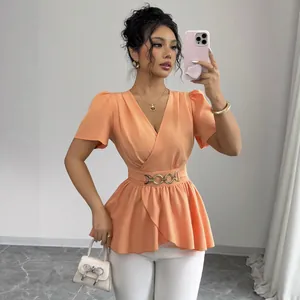 Elegante top a portafoglio con scollo a V, maniche corte e cintura da donna, arancione.