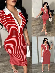 Detailed view of a red and white striped polo collar bodycon midi dress for women