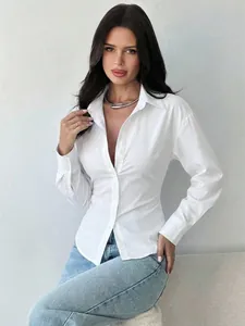 Slim-fit white long-sleeve button-down shirt with V-neck and tapered waist design