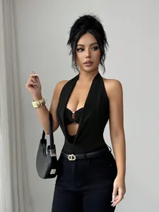 Detailed view of black deep V-neck halter bodysuit with hollow ring and slim fit design