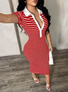 Full body detail of a sexy red and white striped polo collar bodycon midi dress