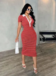 Full body view of a red and white striped polo collar bodycon midi dress for women.