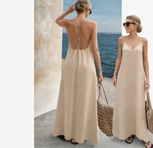 Women Sexy V Neck Backless Cami Maxi Dress Crinkle Textured Spaghetti Strap Beaded Dress Summer Beach Vacation Long Dress