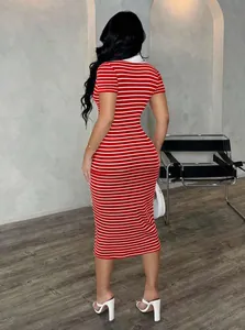 Back view of a red and white striped bodycon midi dress with polo collar.