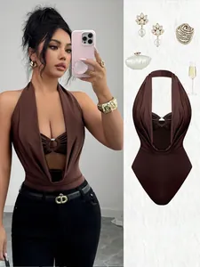 Sophisticated brown deep V halter neck bodysuit featuring a stylish ring detail and slim fit