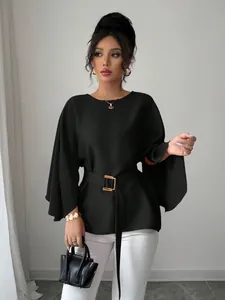 Elegant black French retro top featuring dramatic bell sleeves and a cinched belted waist.