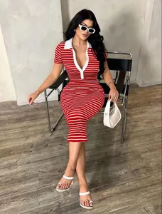 Chic red and white striped POLO collar bodycon midi dress worn by a model
