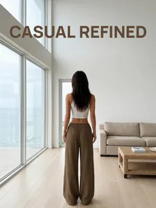 Back view of a woman wearing loose brown cotton wide-leg pants in a minimal room