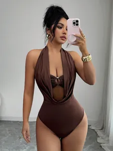 Elegant brown deep V-neck halter bodysuit with chic cut-out ring detail for women