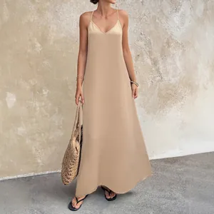 Elegant minimalist beige V-neck backless sleeveless slip maxi dress with crinkle texture