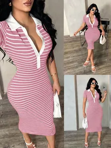 Detailed view of pink striped bodycon midi dress with white Polo collar